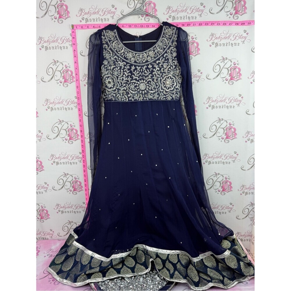 Dress long Navy Blue Embellished Party Dress with Silver Embroidery